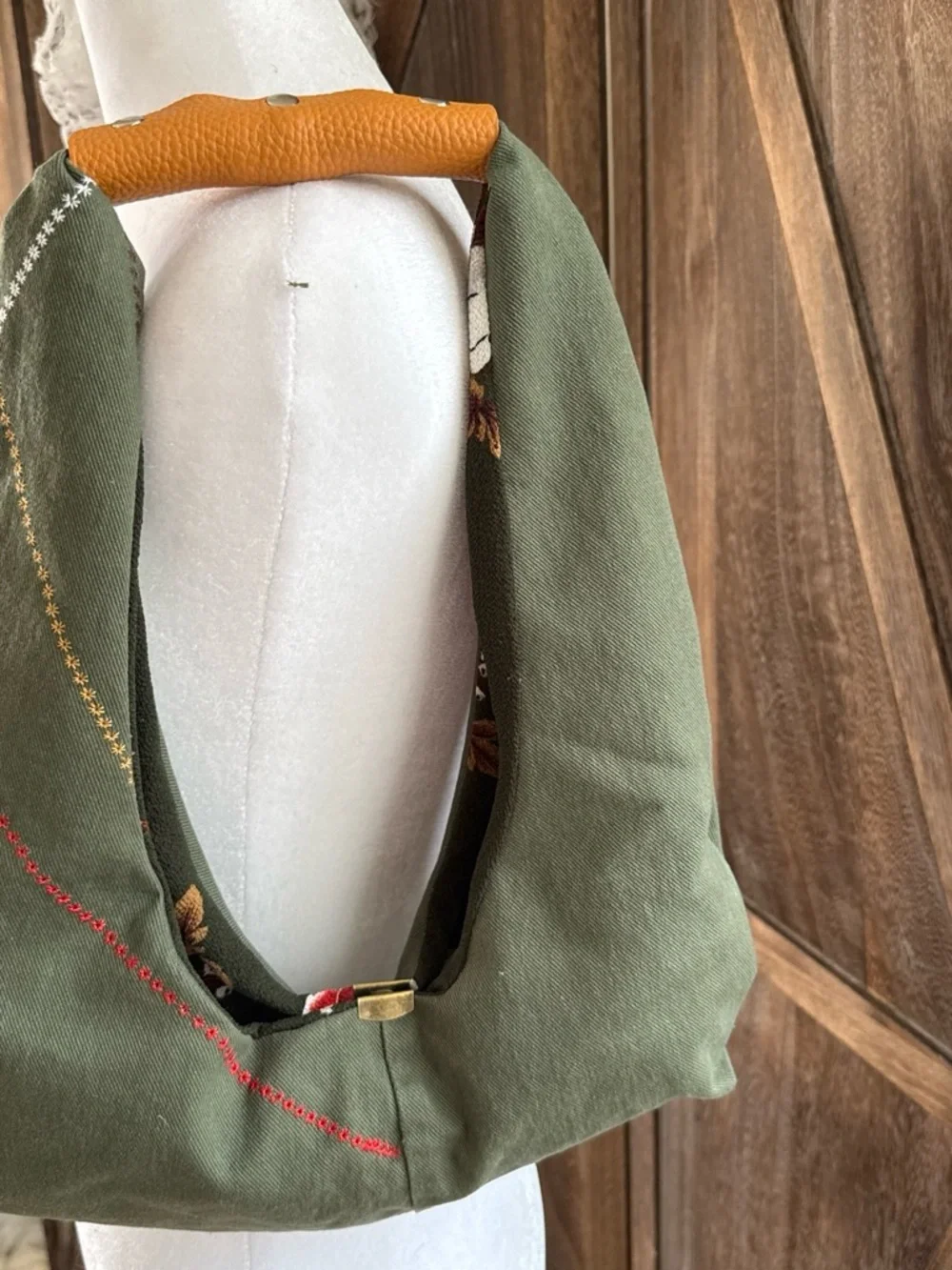 Olive Green Embroidered Shoulder Hobo Bag with Tan Leather Handle